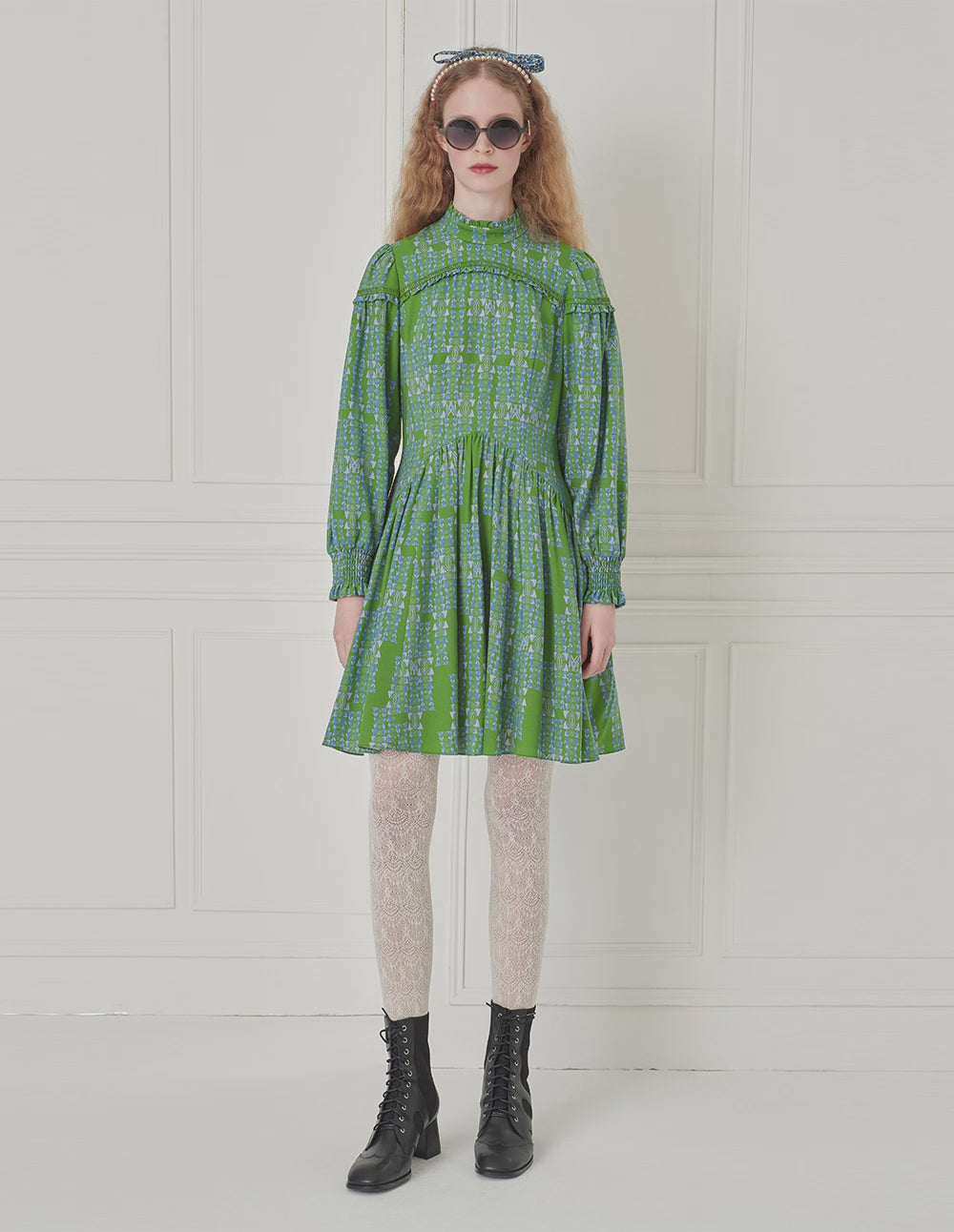 BORA AKSU Retro Ruffle Stand-Collar Long-Sleeve Printed Pleated Midi Dress