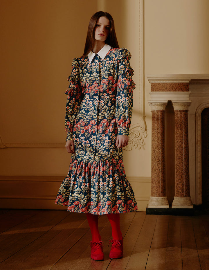 BORA AKSU Retro Lapel Puff Sleeve Fishtail Print Dress