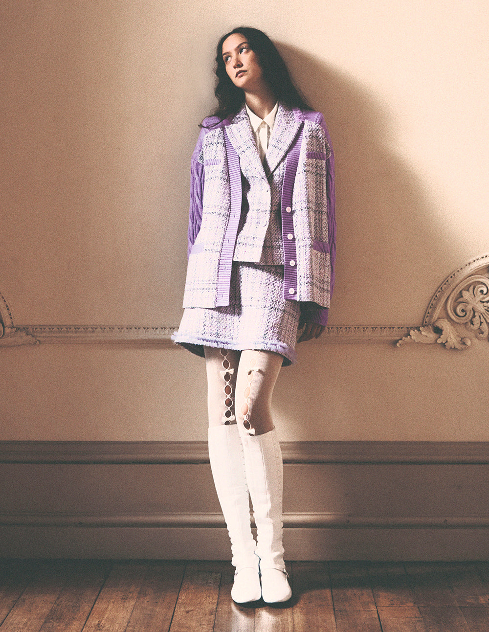 BORA AKSU Cloud Violet Vintage Check Tweed Cardigan