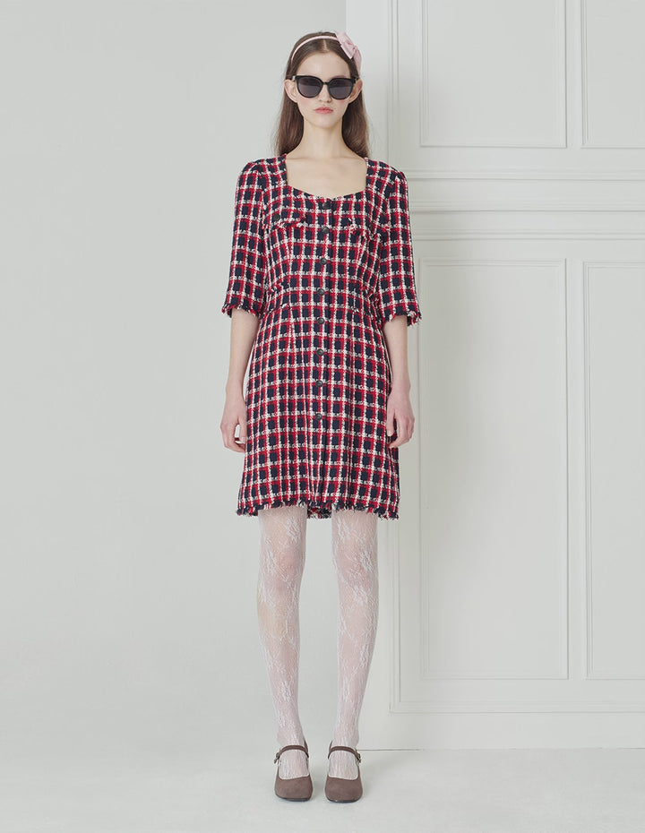 BORA AKSU Red And Blue Tweed Vintage Diamond Neck Dress