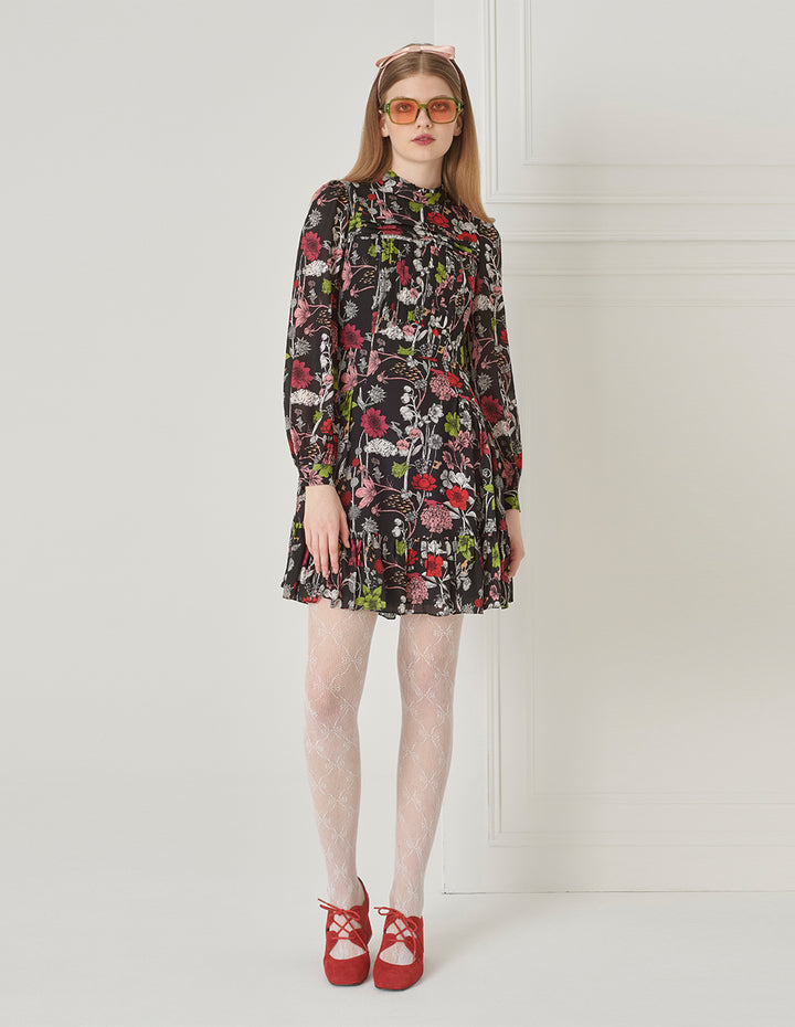 BORA AKSU Vintage Puff Sleeve Stand Collar Silk Print Floral Dress