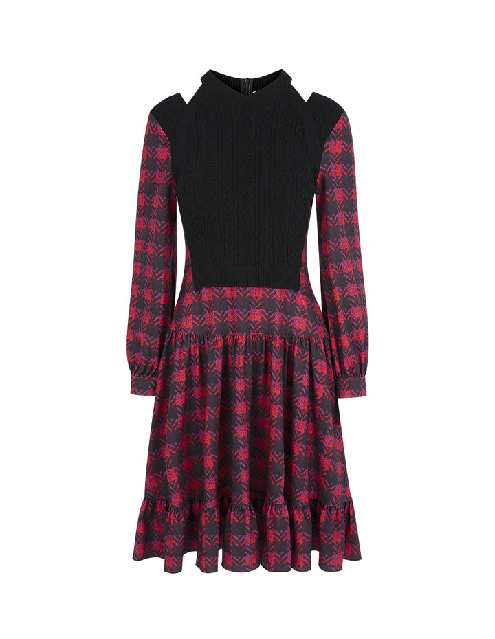 BORA AKSU Puff-Sleeved Houndstooth Contrast Wool Patchwork Dress