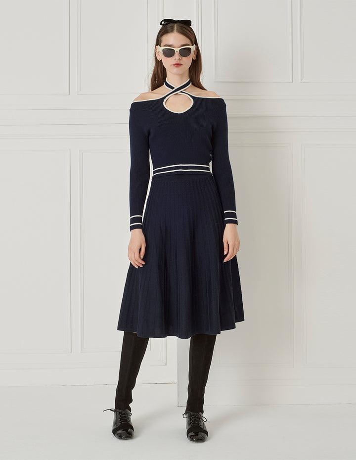 BORA AKSU Halterneck Off-The-Shoulder Blue And White Colourblock Wool Pullover