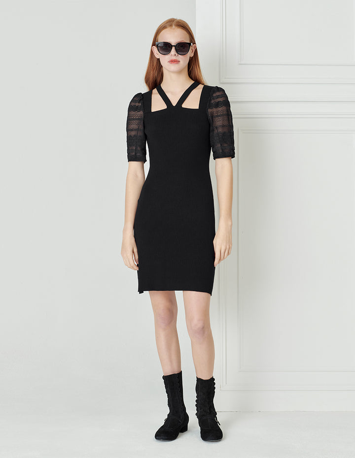 BORA AKSU Lace Puff Sleeve Halter Neck Knitted Dress