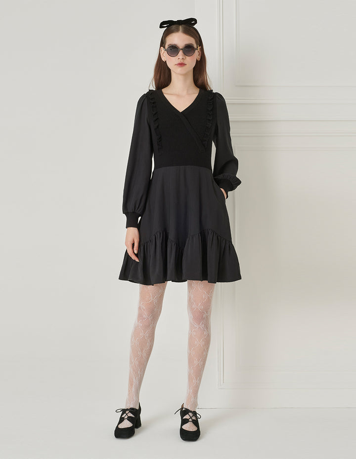 BORA AKSU Puff Sleeve V-Neck Wool Needlepoint A-Line Black Dress