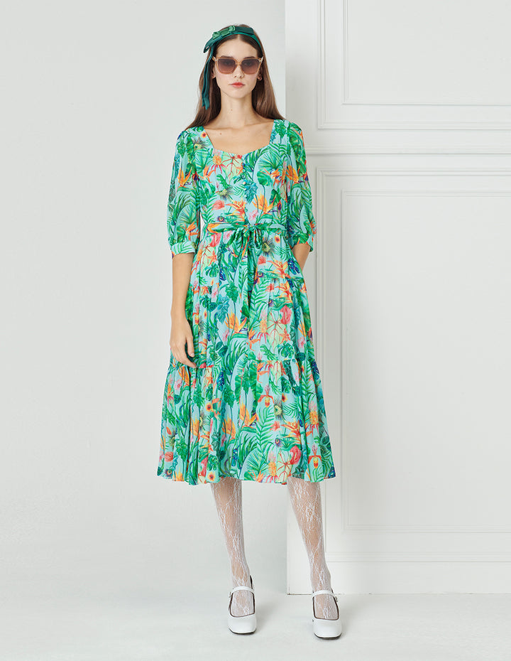 BORA AKSU Diamond Neck Teal Tropical Floral Print Pleated Dress