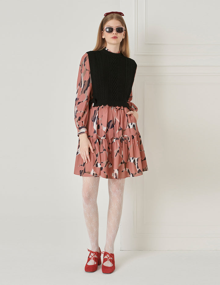 BORA AKSU Puff Sleeves, Stand Collar, Pleated Printed Dress