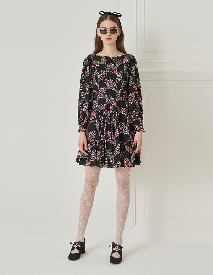 BORA AKSU Puff-Sleeved Bateau Neckline Ruffled Floral Dress