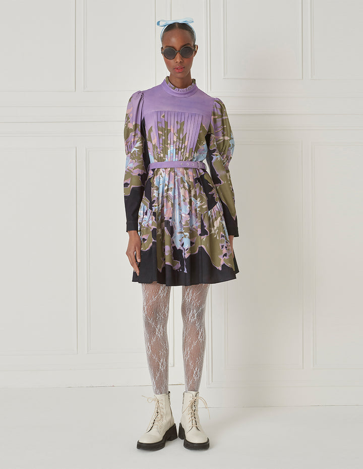 BORA AKSU Stand Collar Pleated Printed Dress