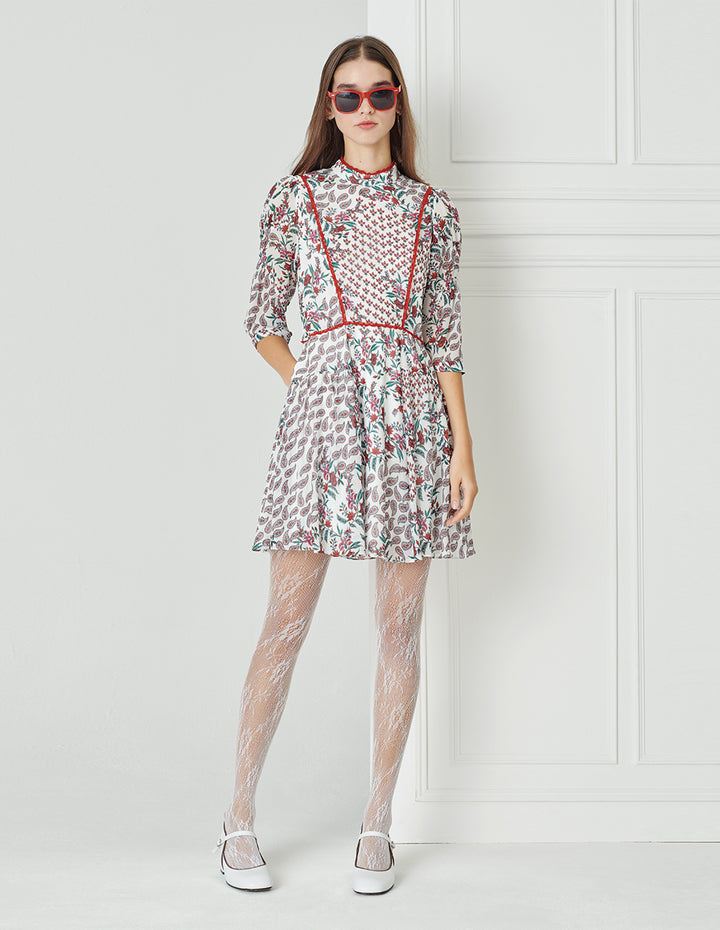 BORA AKSU Sweet Shortcollar Puff Sleeve Paisley Print Dress