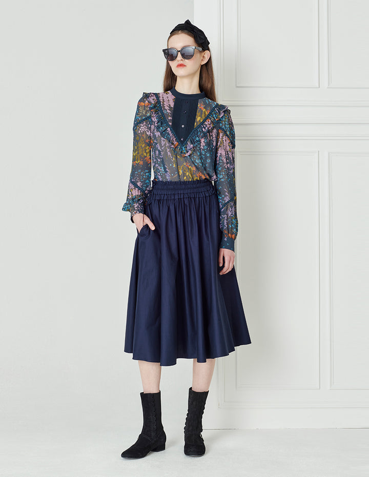 BORA AKSU Dark Blue Colour-Blockruffle Neck Puff Sleeve Floral Top