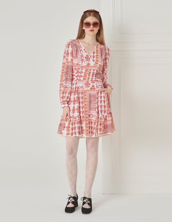 BORA AKSU French Puff Sleeve V-Neck Pleated Print Dress