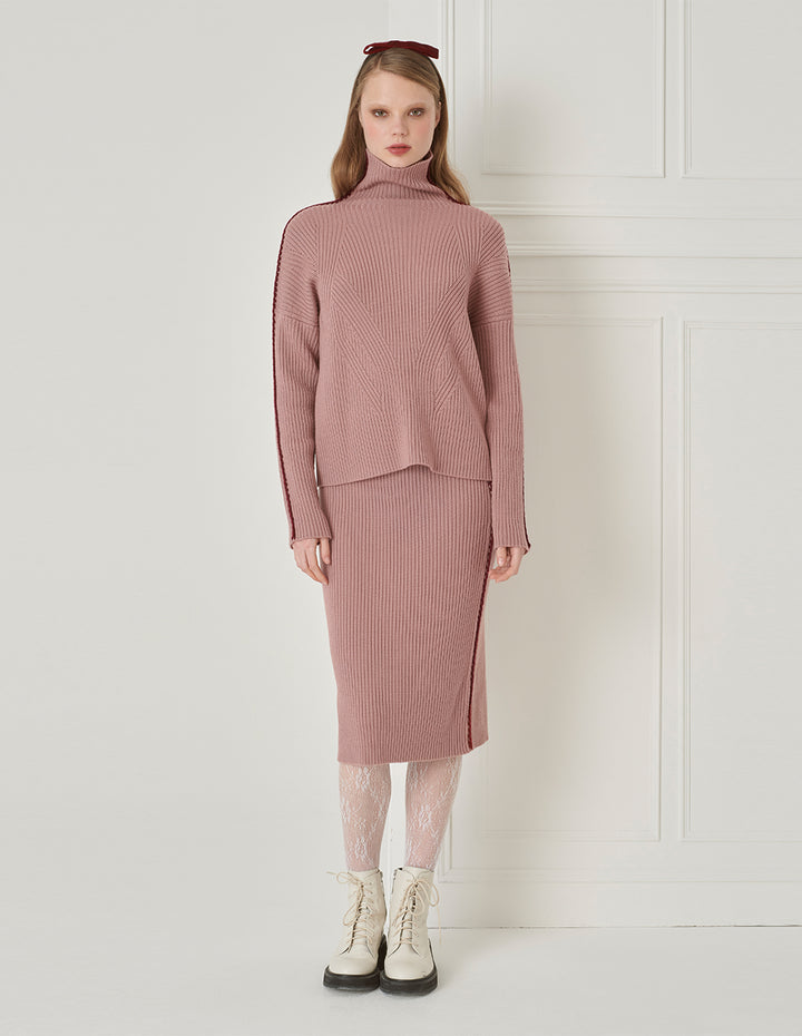BORA AKSU Hand-Crocheted Pink Contrast Wool Straight Skirt