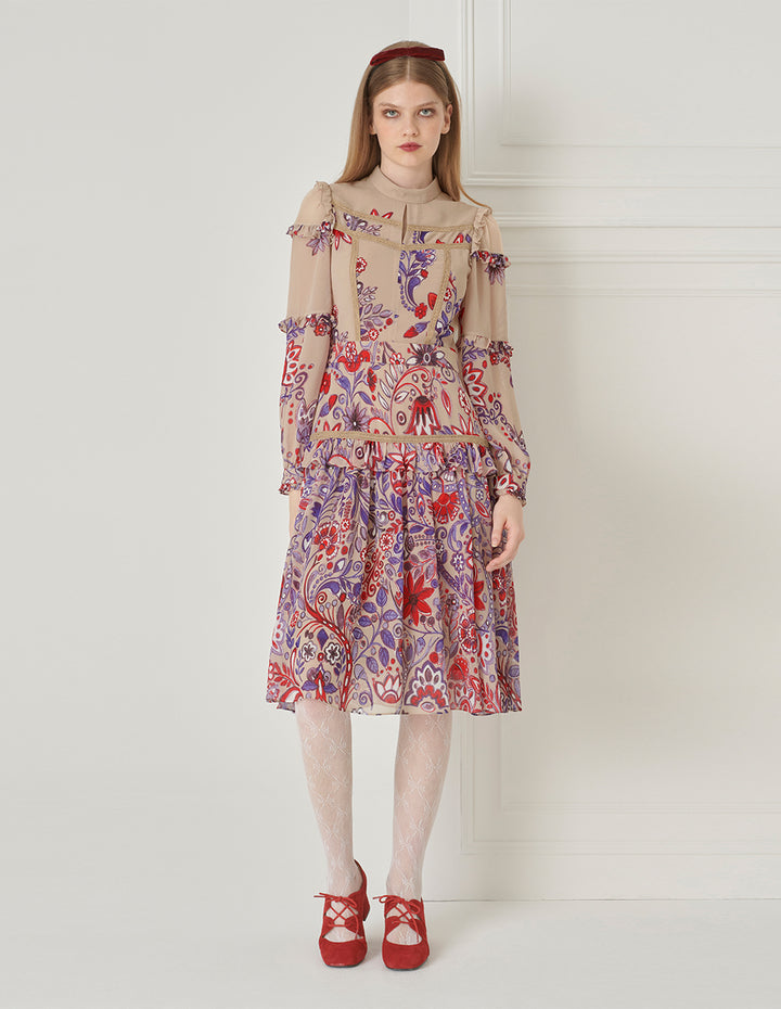 BORA AKSU French Sweet Stand-Up Collar Puff Sleeve Printed Dress
