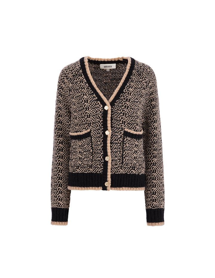 BORA AKSU Camel Jacquard V-Neck Loose Wool Knit Cardigan