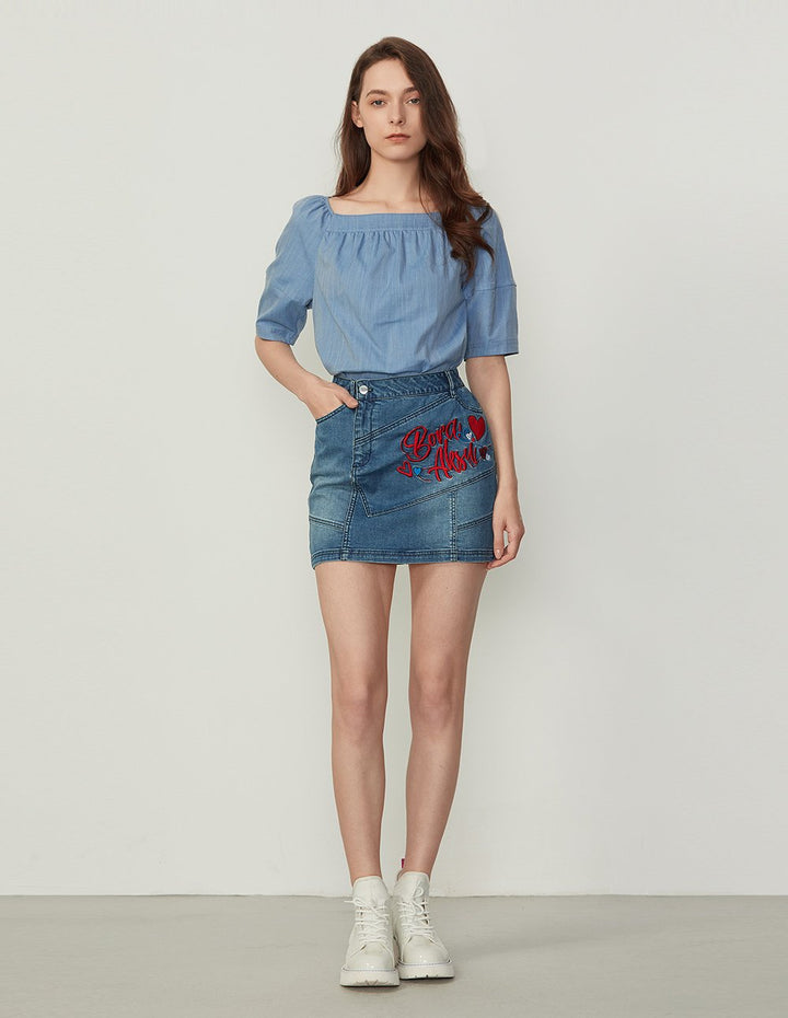 BORA AKSU Embroidered Logo Washed Denim Mini Skirt