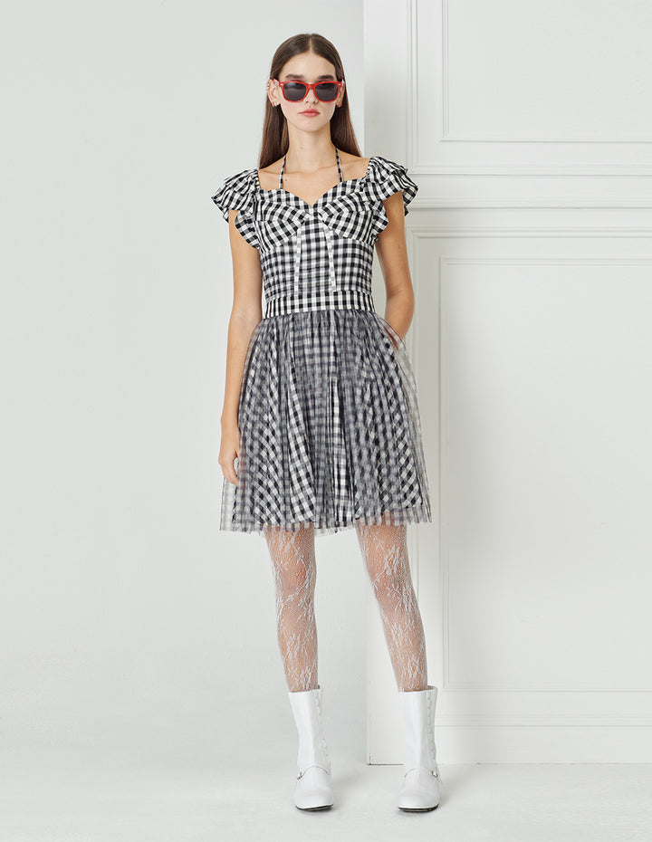 BORA AKSU Checked Mesh-Panelled Pleated Dress