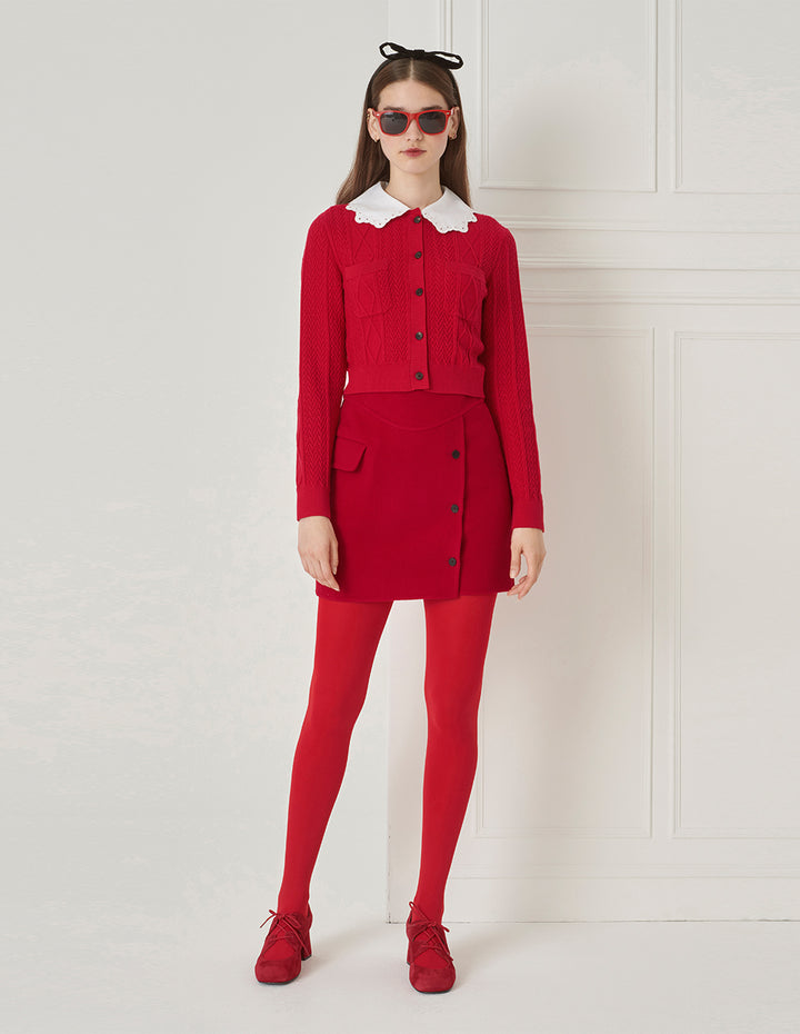 BORA AKSU Red A-Line Woollen Oblique Buttons Skirt
