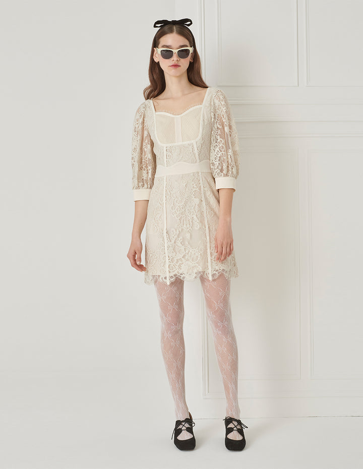 BORA AKSU French Vintage Puff Sleeve Diamond Collar Lace Dress