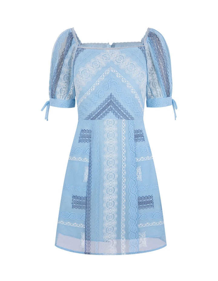 BORA AKSU Elegant Square Collar Bubble Sleeve Lace Fitted Waist Dress