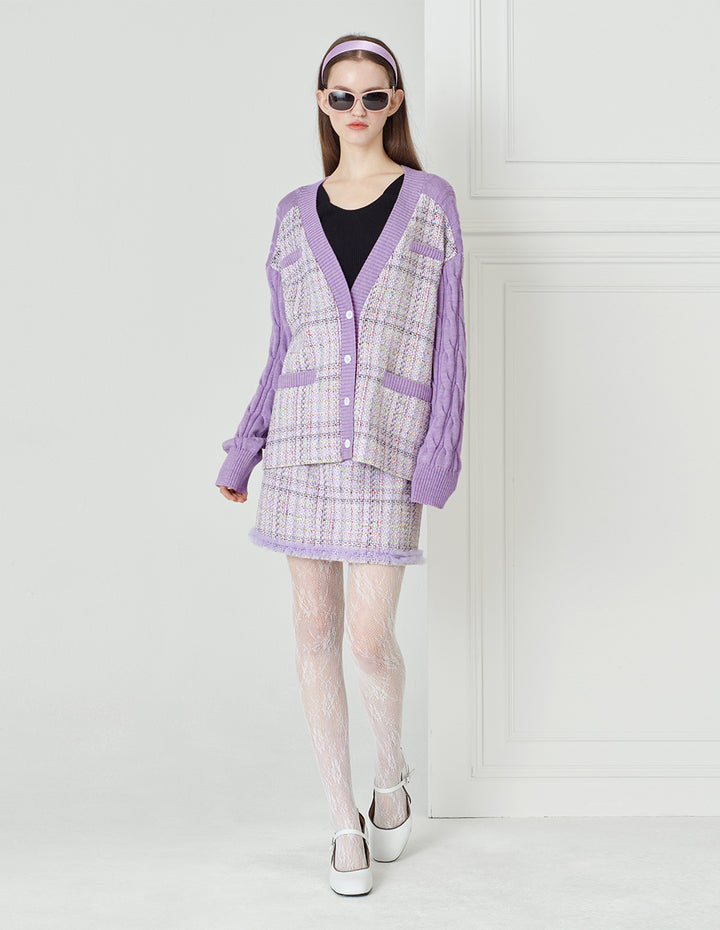 BORA AKSU Cloud Violet Vintage Check Tweed Cardigan
