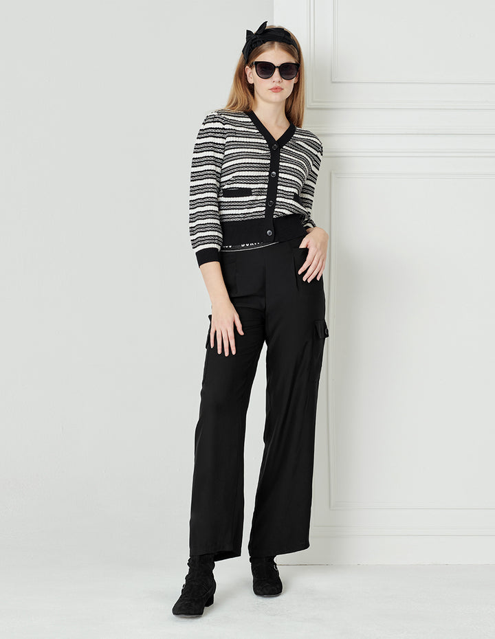BORA AKSU V-Neck 3/4 Sleeve Black And White Striped Knitted Cardigan