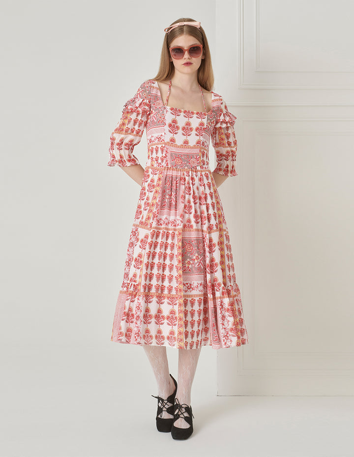 BORA AKSU Vintage Square Neck Tie Pleated Print Dress