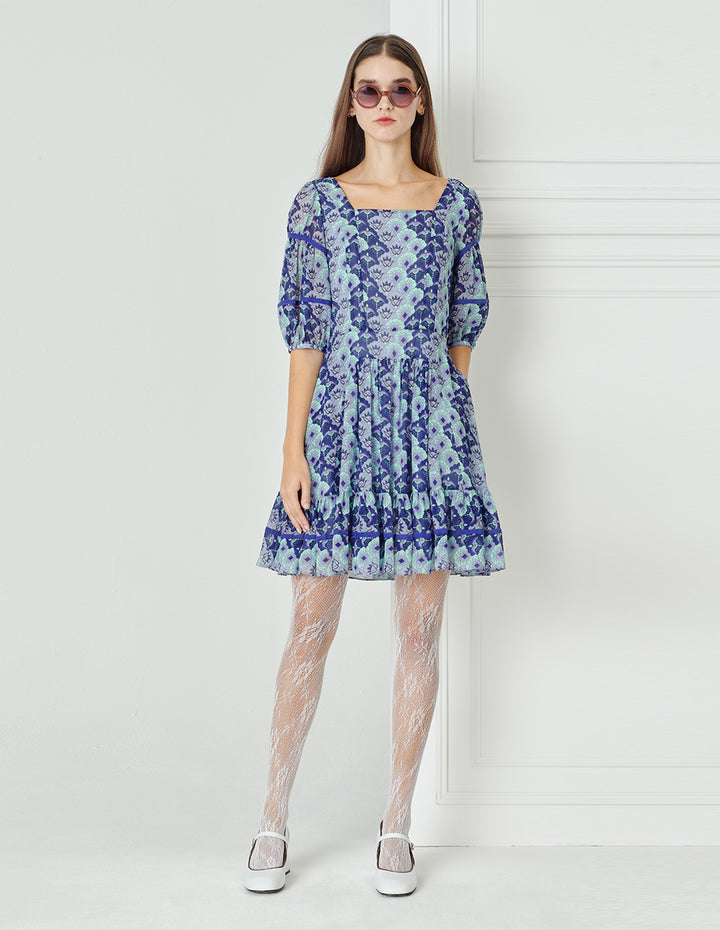 BORA AKSU Blue-Toned Japanese-Style Print Square-Neck Printed Pleated Dress