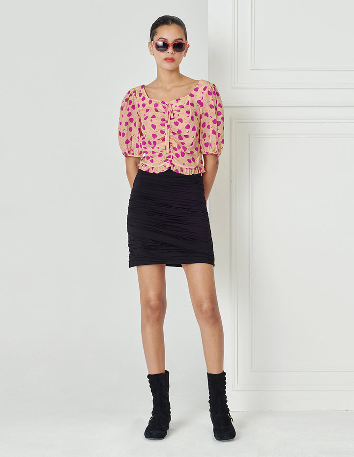 BORA AKSU Vintage Sweet Drawstring Silk Print Top