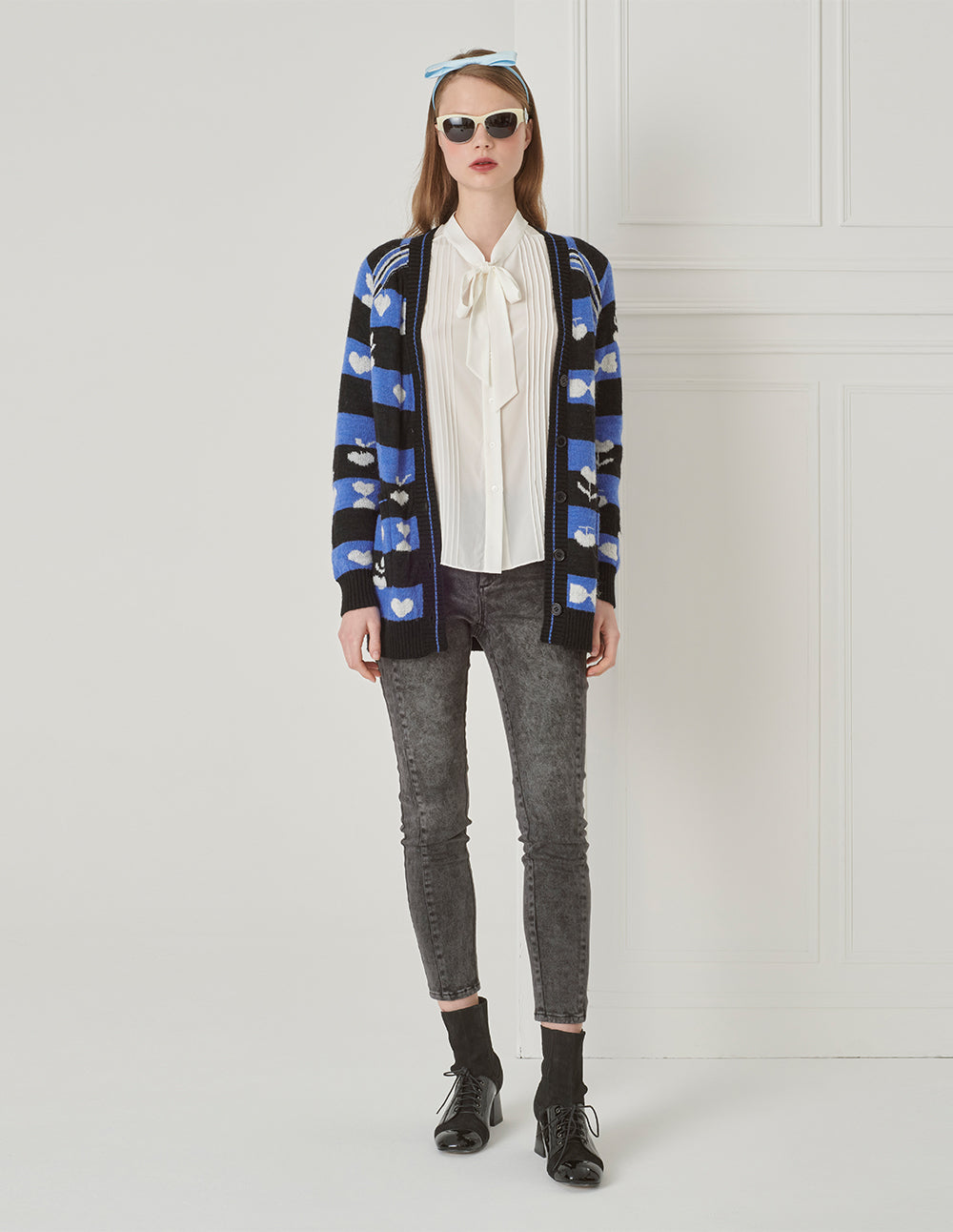 BORA AKSU Mohair Jacquard V-Neck Knitted Cardigan