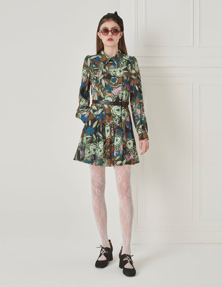 BORA AKSU Puff Sleeve Shirt Collar Printed Long Sleeve Dress