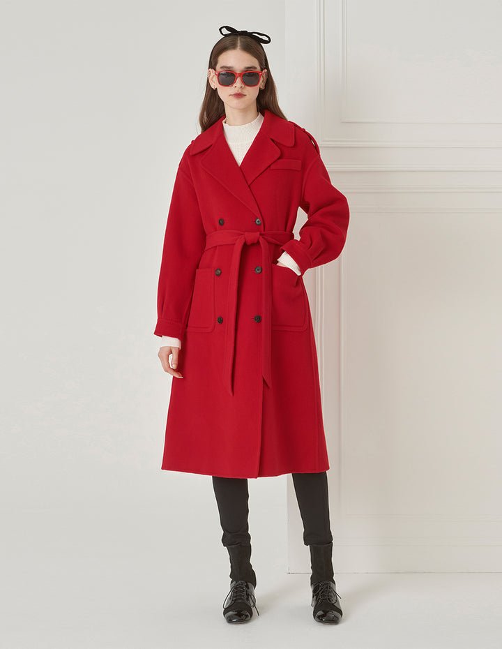 BORA AKSU Elegant Red Lantern Sleeve Lapel Lace-Up Woolen Coat