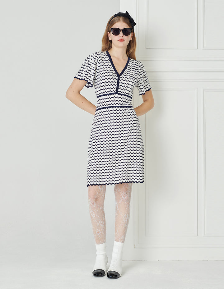 BORA AKSU Blue And White Striped V-Neck Knit Dresses