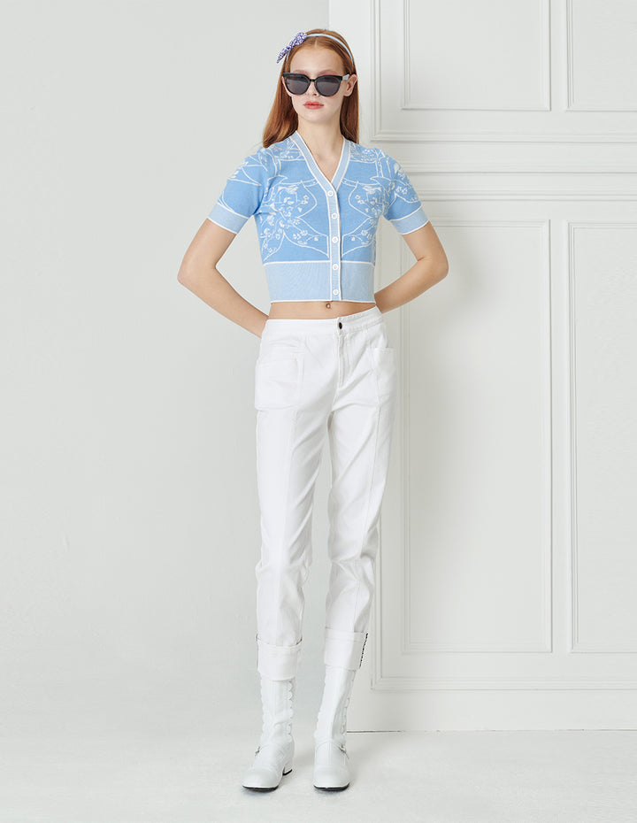 BORA AKSU Light Blue Jacquard V-Neck Short-Sleeve Knitted Cardigan