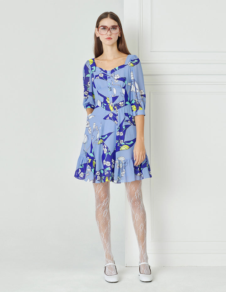 BORA AKSU Diamond Collar Print Waist Dress