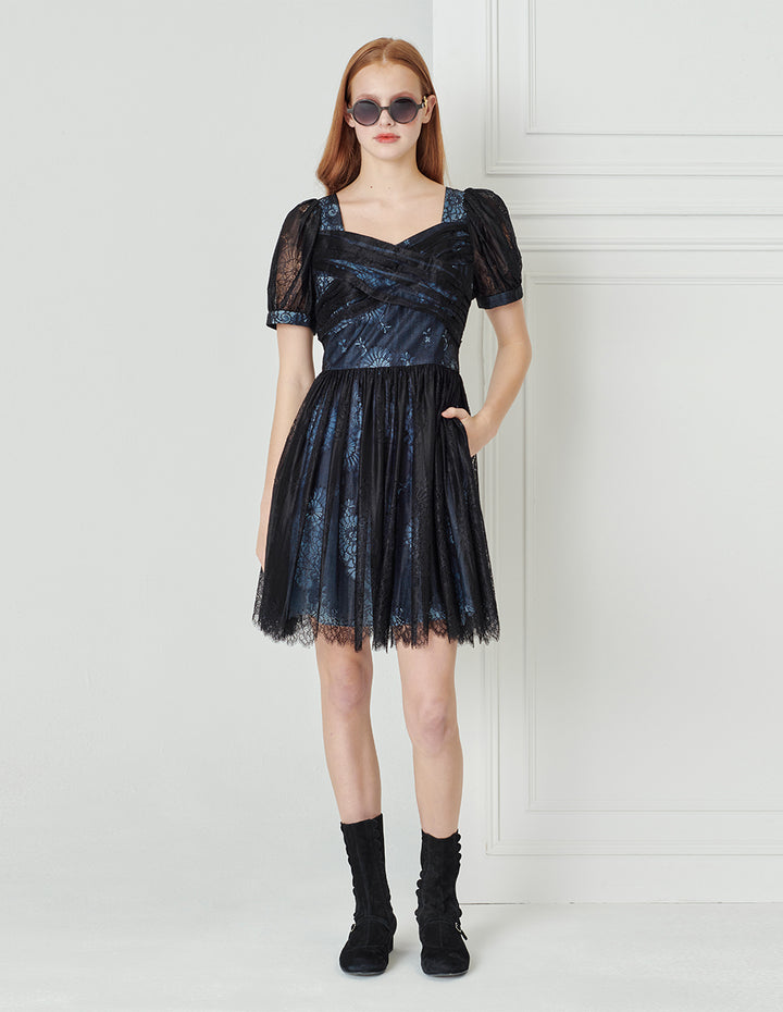BORA AKSU French Lace Neck Pleated Dress