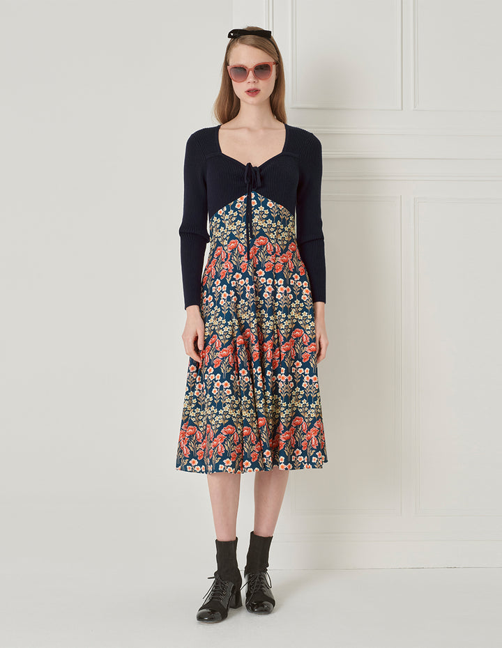 BORA AKSU Retro Diamond Collar Knit Woven Patchwork Printed Dress