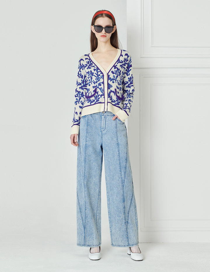 BORA AKSU Blue-Purple Retro Pattern Loose Wool Knitted Cardigan