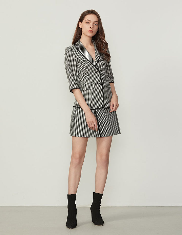 BORA AKSU Gingham Pattern Contrast Piped Slim Fit Mini Skirt