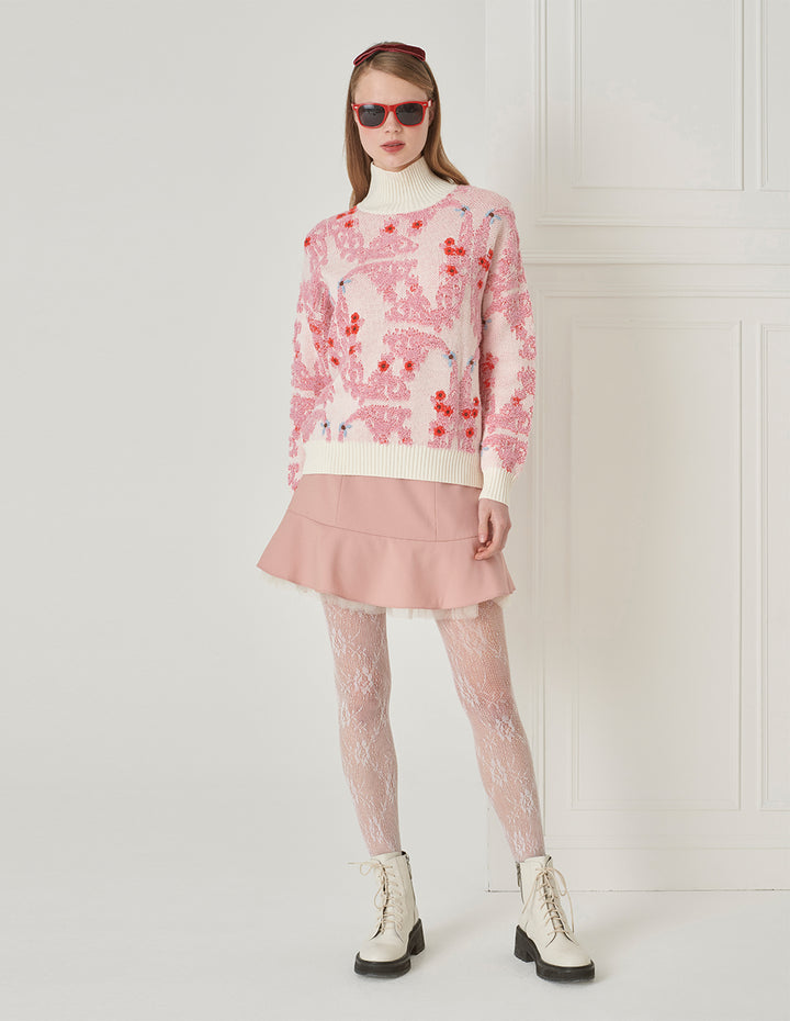 BORA AKSU Mesh Ruffle Hem Wool A-Line Skirt