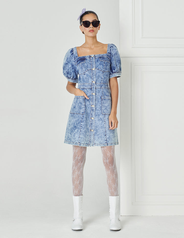 BORA AKSU French Puff Sleeve Square Neck Washed Blue Denim Dress