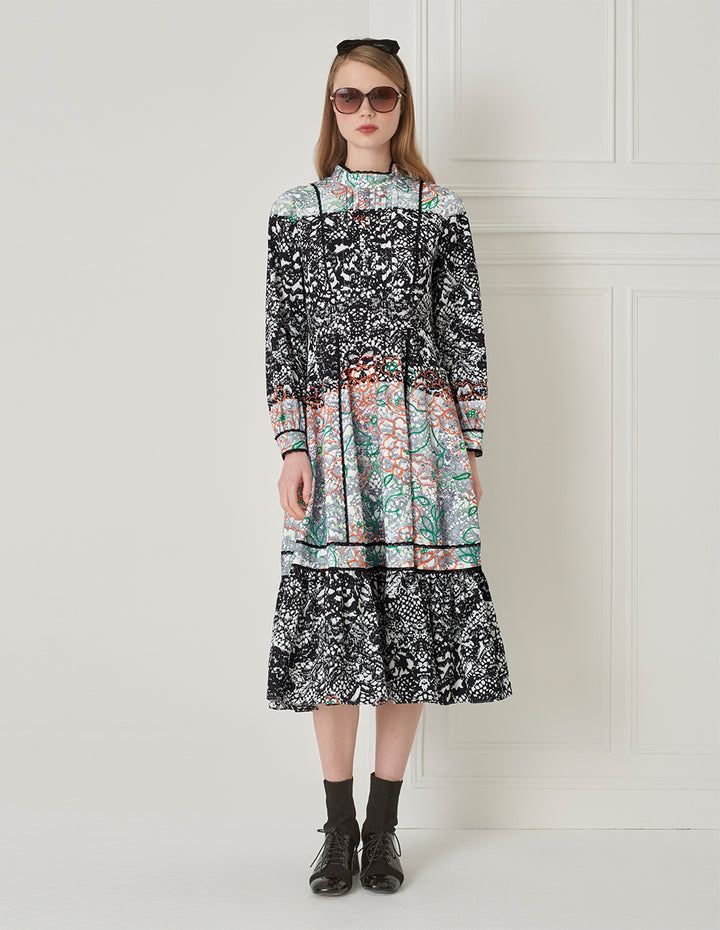 BORA AKSU French Retro Puff Sleeve Stand Collar Printed Dress