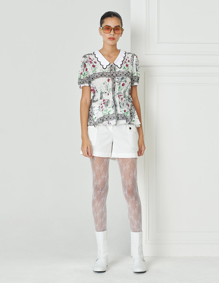 BORA AKSU Peter Pan Detailing Embroidered Collar Waist Print Top