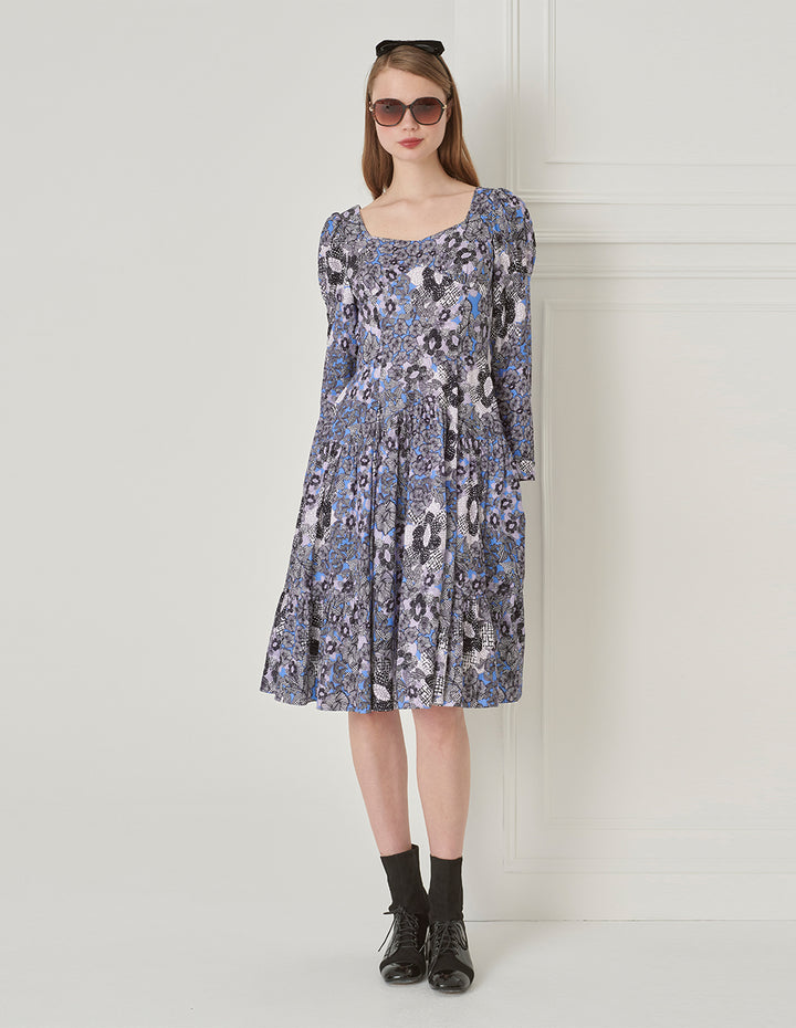 BORA AKSU Diamond Neck Print Pleated Neck Dress