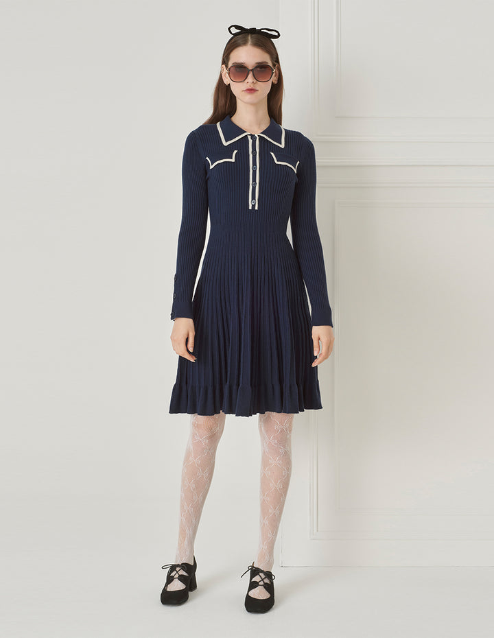 BORA AKSU Small Lapels Half-Front Pleated Wool Dress
