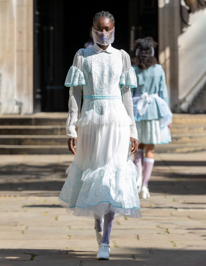 BORA AKSU Runway Lace And Tulle Wide Sleeve Ruffle Midi Dress