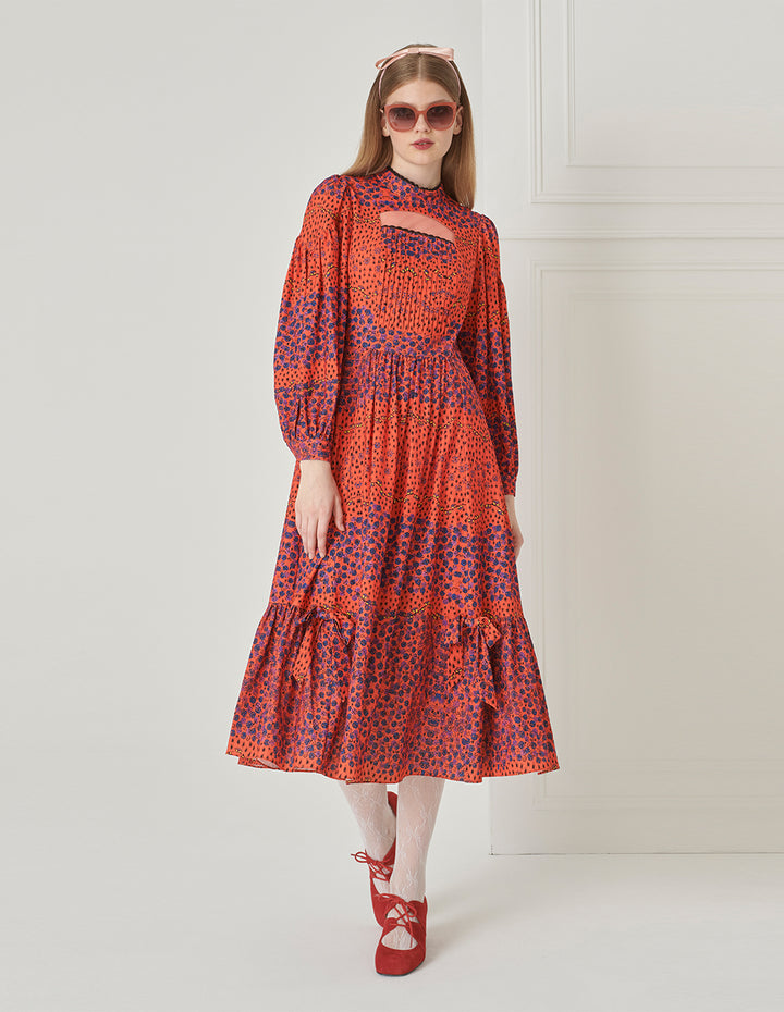 BORA AKSU Puff Sleeve Hollow Stand Collar Floral Dress