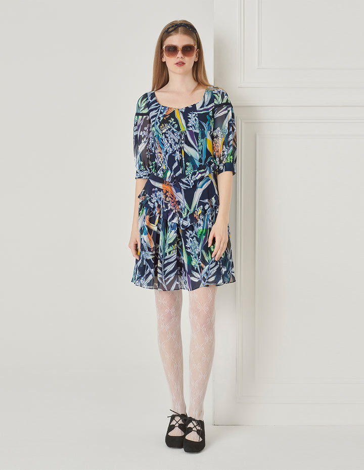 BORA AKSU French Puff Sleeve Designer Hand-Painted Print Dress