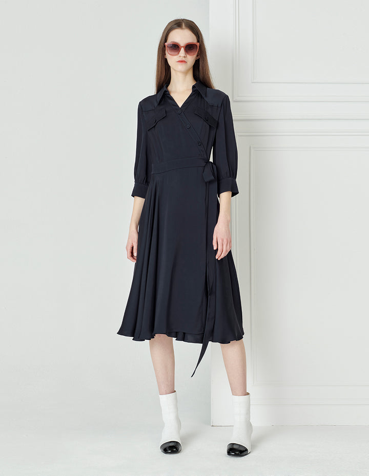 BORA AKSU French Acetate Puff Sleeve Navy Blue Dress