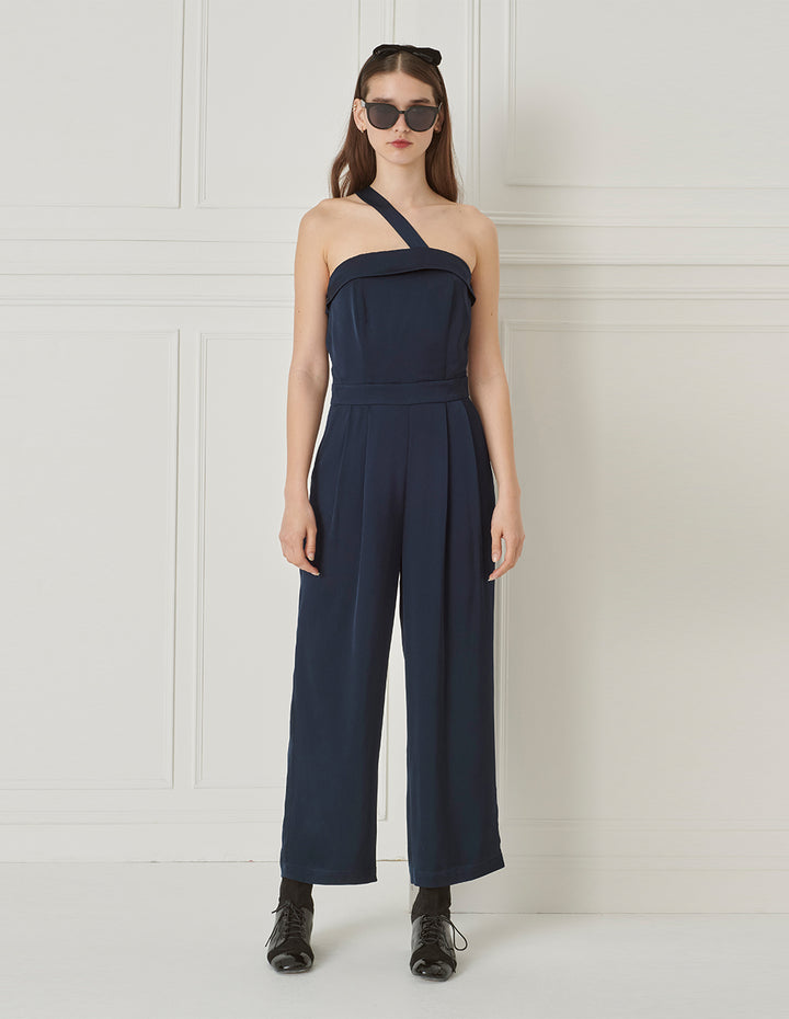 BORA AKSU Acetate Oblique Strap Strapless Navy Blue Jumpsuit